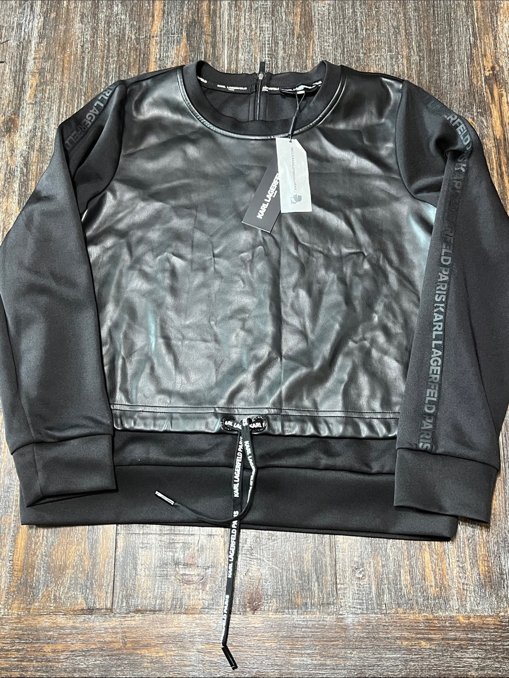NWT Karl Lagerfeld Black Faux-Leather Front Teddy Pullover -Oversized